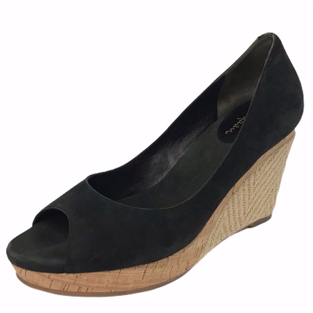 Cole Haan Black Nubuck Peep Toe Wedge Espadrilles
